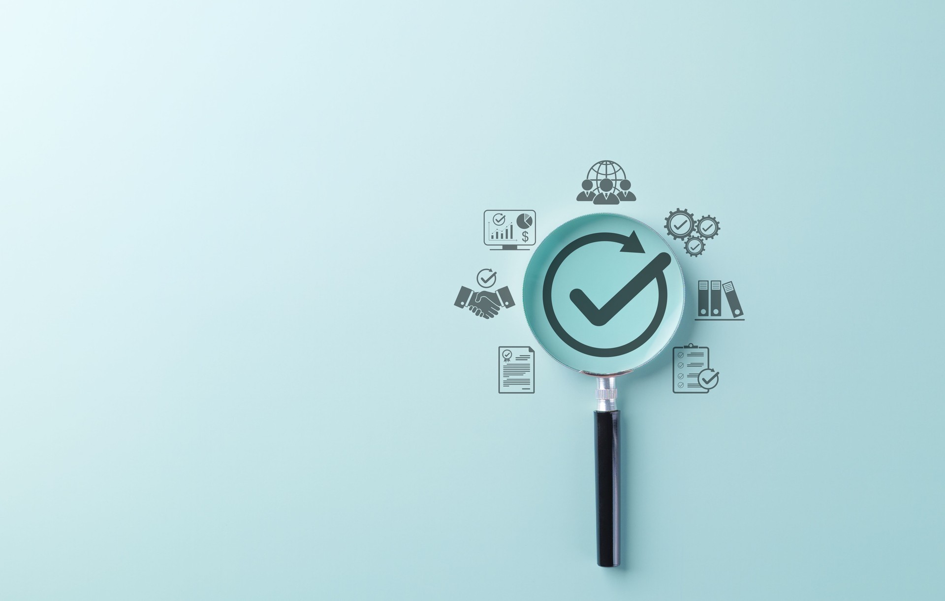 Quality Assurance and Certification Compliance Concept. A magnifying glass with checkmark surrounded by business icon, symbolizing quality assurance, compliance, and certification. certified document,